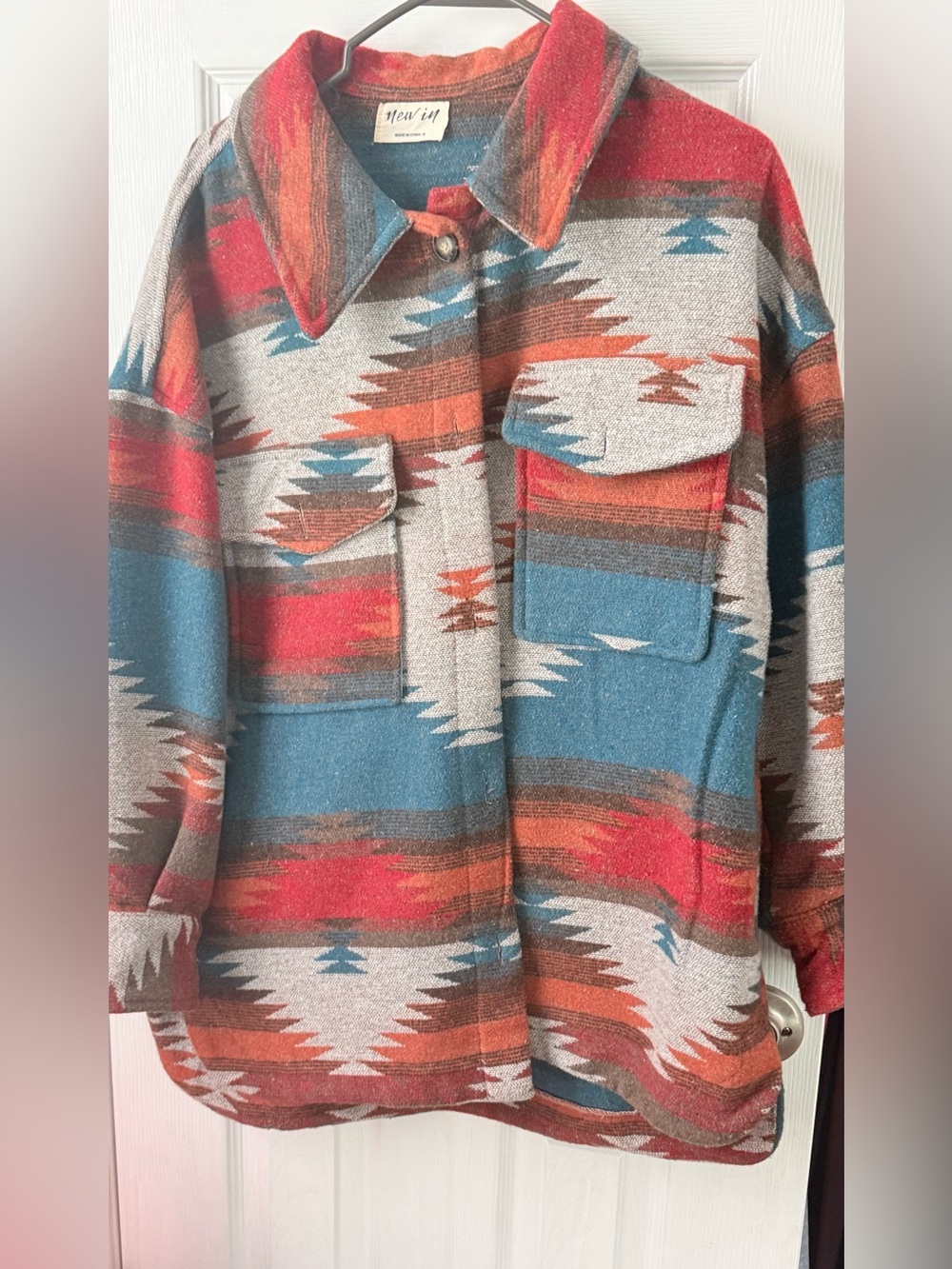 Oversized Aztec Print Button-Up Sweater Jacket in Red, Blue & Cream